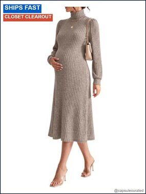 Maternity Turtleneck Sweater Dress Puff Sleeve Long Sleeve Casual